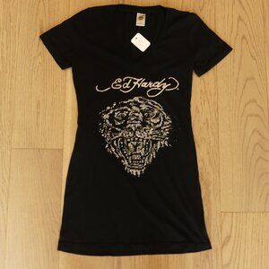 Ed Hardy Womens Small Black Rhinestone Tiger Graphic T-Shirt Vintage Y2K